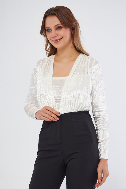 Long Sleeve Velvet Ruched Snap Bodysuit - White