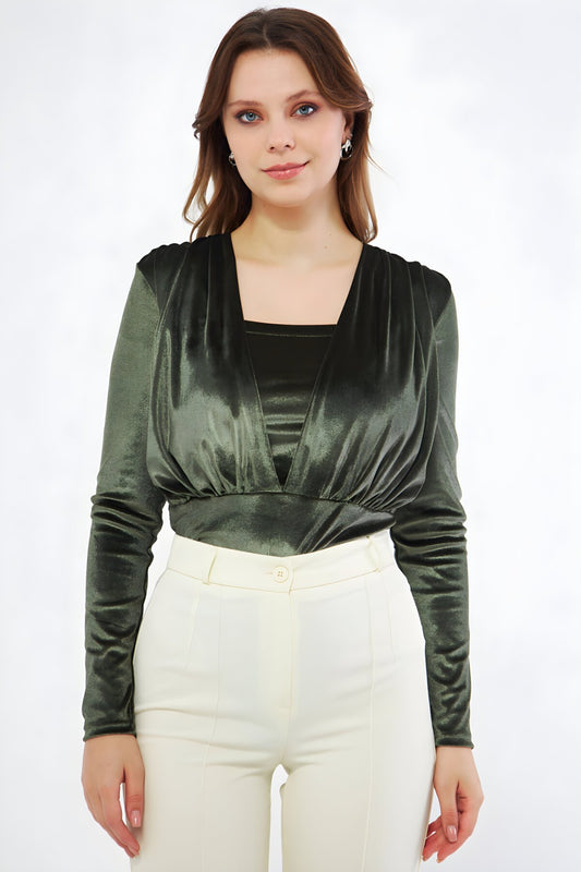 Long Sleeve Velvet Ruched Snap-Closure Bodysuit - Khaki