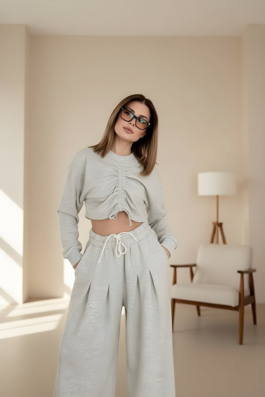 Long Sleeved Crop Drawstring Gathered Front Pants Two-Piece Set - Gray