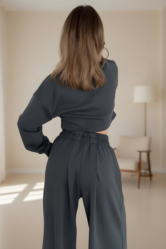 Long Sleeved Front Ruched Crop Trousers Two-Piece Set - Anthracite