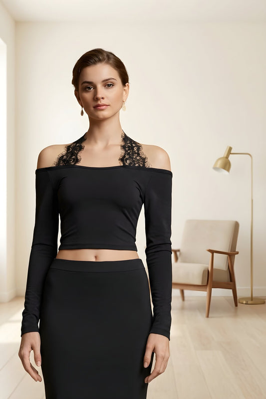 Long-Sleeved Gothic Lace Tie-Detail Blouse - Black