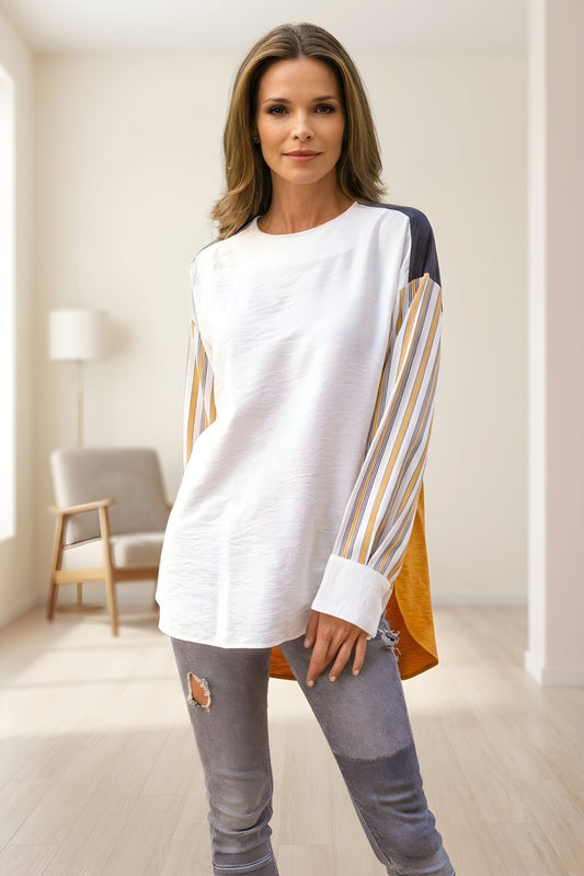 Long-Sleeved Oval-Cut Trimmed Blouse - Mustard