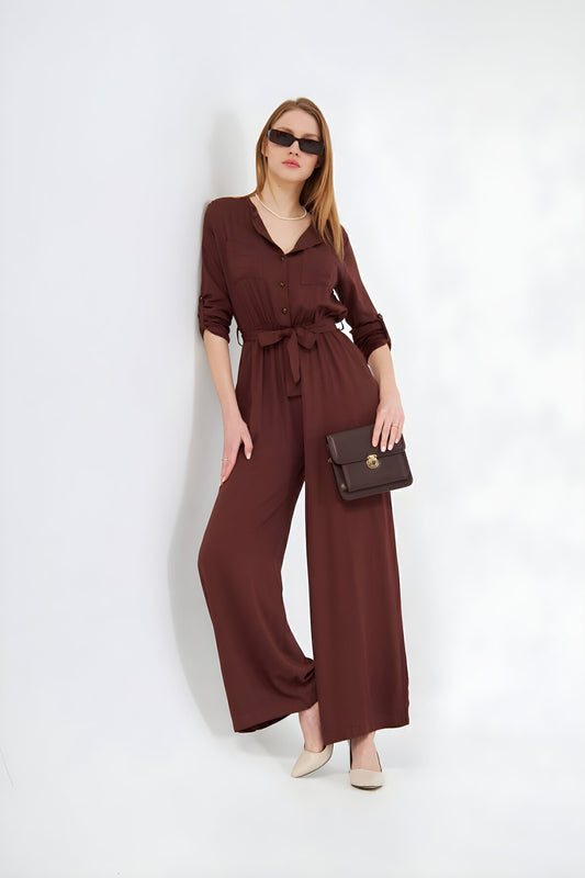 Long-Sleeved Relaxed Fit Buttoned Belted Jumpsuit - Brown