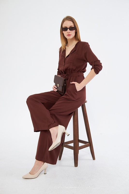 Long-Sleeved Relaxed Fit Buttoned Belted Jumpsuit - Brown