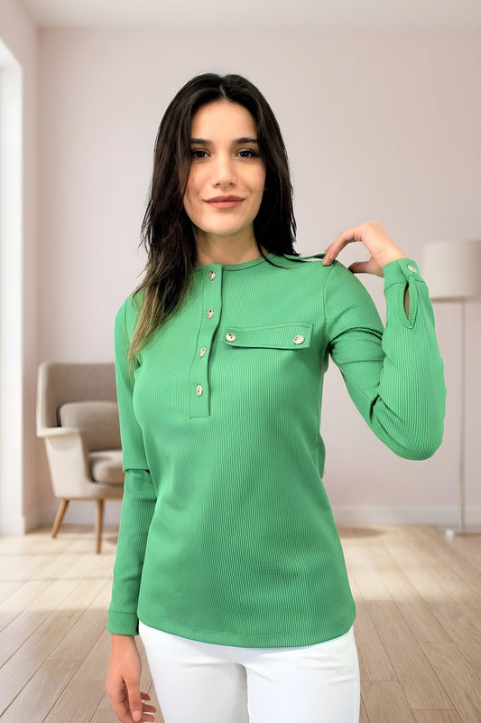 Long Sleeved Ribbed Epaulette Blouse - Green