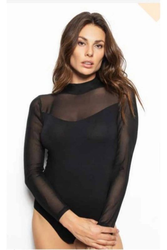 Long Sleeved Sheer Turtleneck Bodysuit - Black