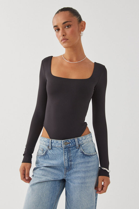 Long Sleeved Square Neck Snap-Button Bodysuit - Black