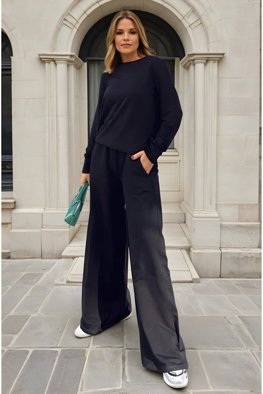 Long Sleeved Sweatshirt Wide Leg Two-Piece Set - Black