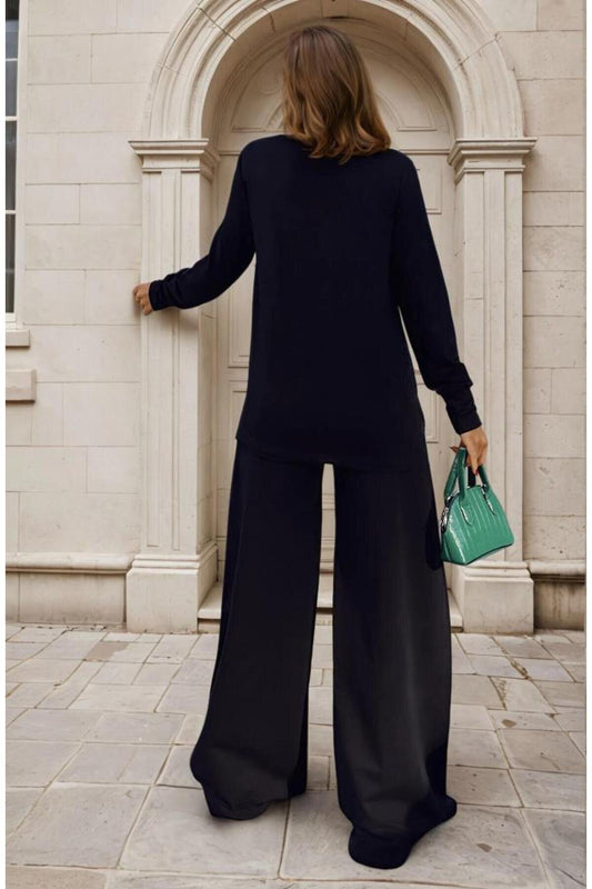 Long Sleeved Sweatshirt Wide Leg Two-Piece Set - Black