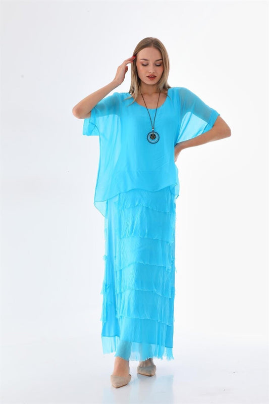Long Slimming Italian Fit Fold Silk Half-Sleeve Dress - Turquoise