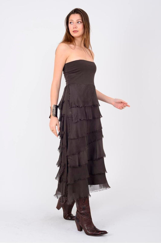 Long Slimming Italian Fit Silk Tiered Skirt - Brown