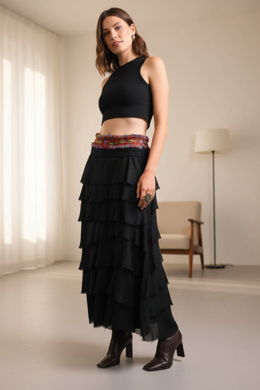 Long Slimming Italian Silk Layered Strapless Skirt - Black