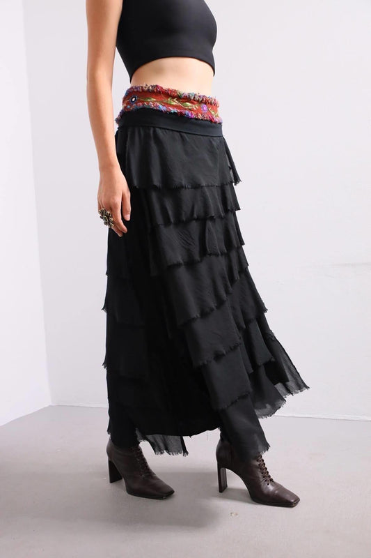 Long Slimming Italian Silk Layered Strapless Skirt - Black
