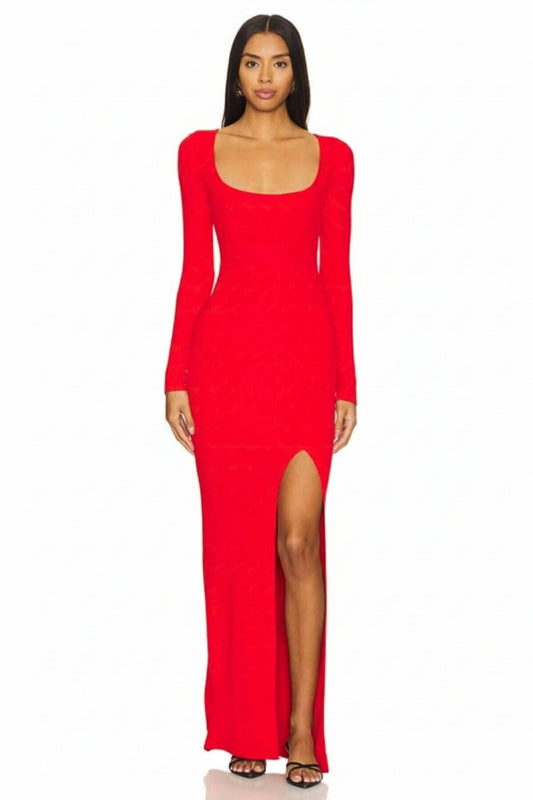 Long Slit Oval-Neck Evening Dress - Red