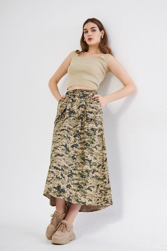 Long Sporty Camouflage Elasticated Waist Pocket Detail Skirt - Khaki Beige