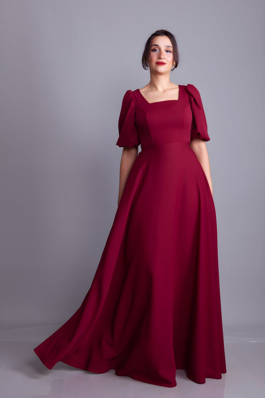 Long Square-Neck Balloon-Sleeve Evening Dress - Burgundy