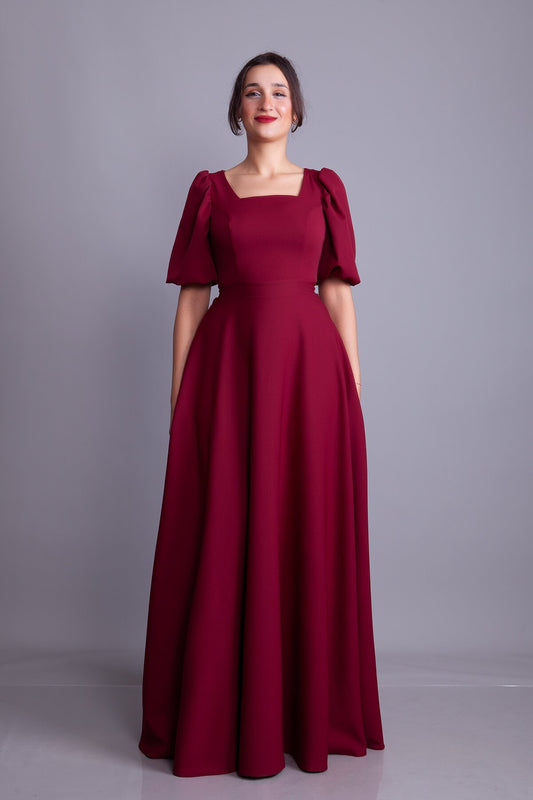 Long Square-Neck Balloon-Sleeve Evening Dress - Burgundy