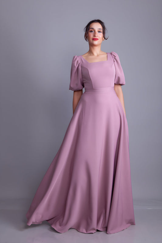 Long Square Neck Balloon Sleeve Evening Dress - Dark Dusty Rose