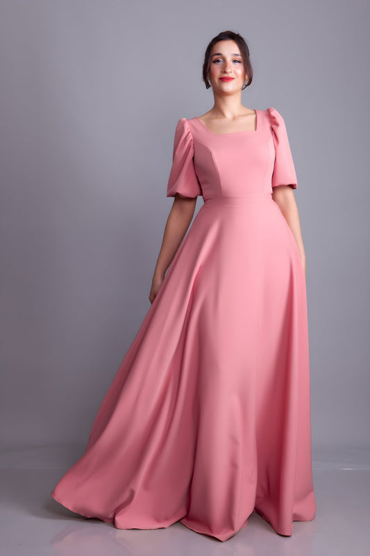 Long Square Neck Balloon Sleeve Evening Dress - Dried Rose