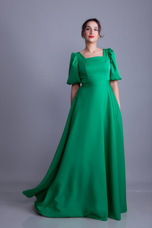 Long Square Neck Balloon Sleeve Evening Dress - Grass Green