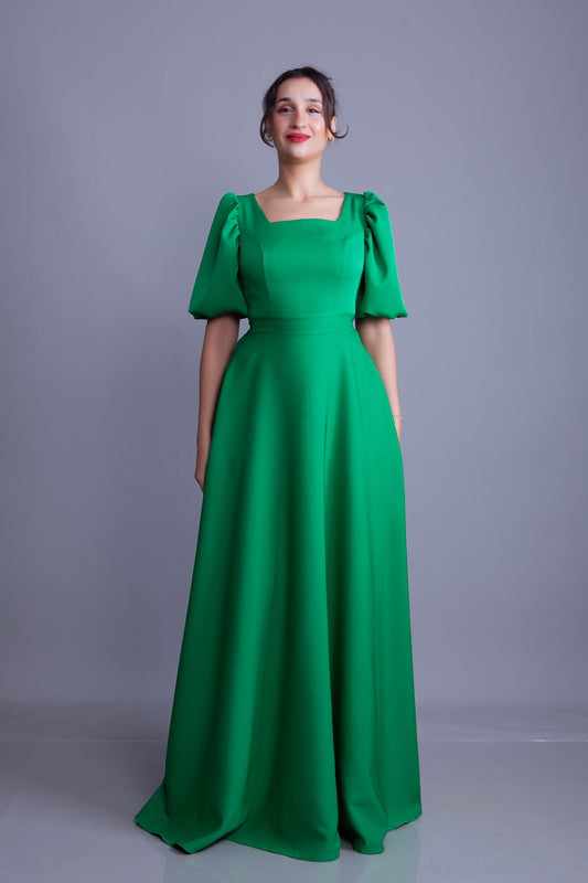 Long Square Neck Balloon Sleeve Evening Dress - Grass Green