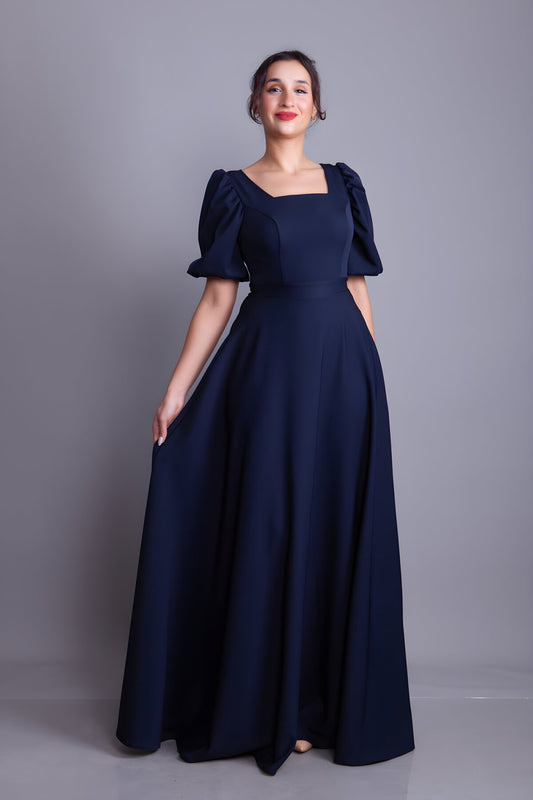 Long Square Neck Balloon Sleeve Evening Dress - Navy Blue