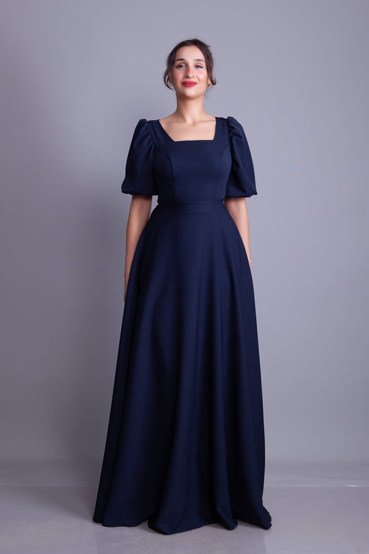 Long Square Neck Balloon Sleeve Evening Dress - Navy Blue