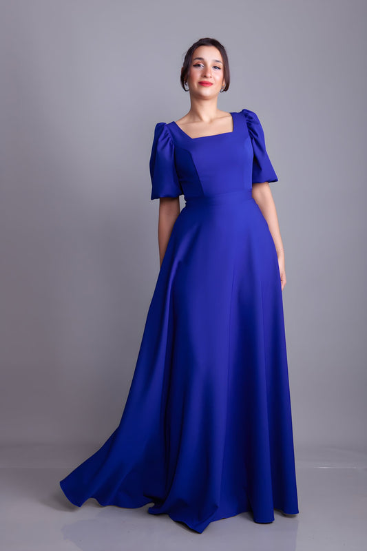 Long Square Neck Balloon Sleeve Evening Dress - Sax Blue