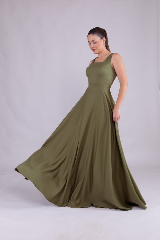 Long Square Neck Evening Dress - Khaki