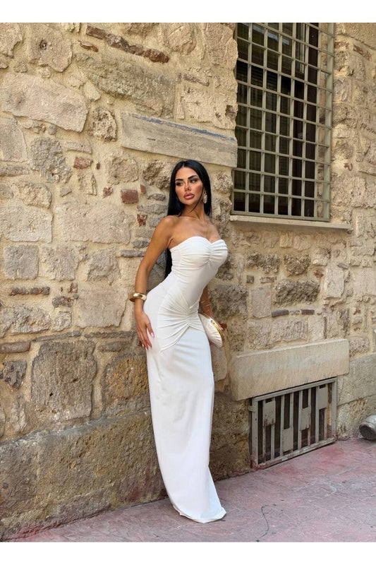 Long Strapless Bust Detail Evening Dress - White