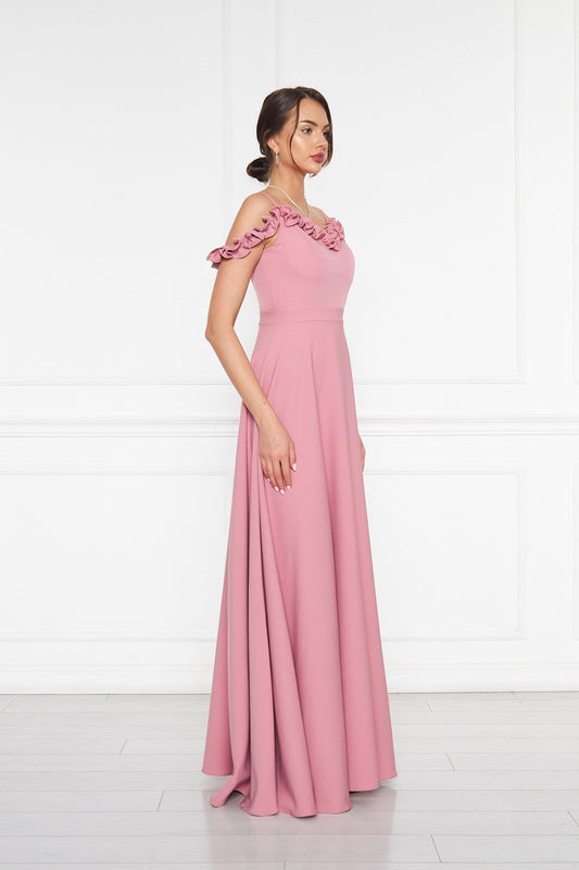 Long Strapless Flared Ruffle Detail Evening Dress - Dusty Rose
