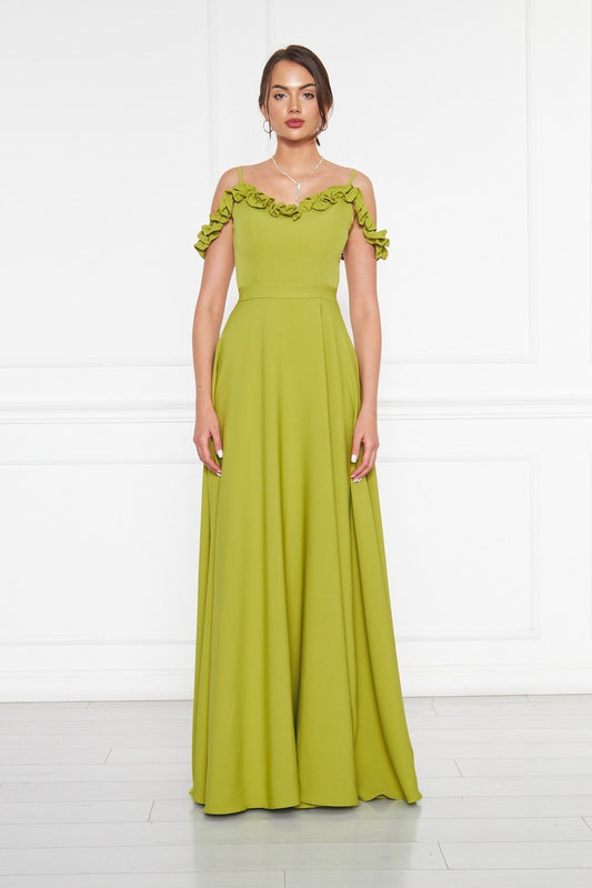 Long Strapless Flared Woven Ruffle Detail Evening Dress - Pistachio Green