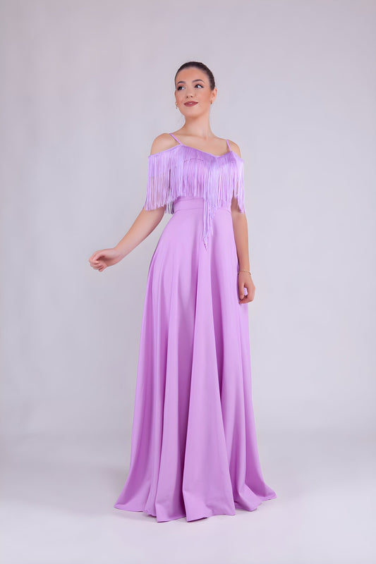 Long Strappy Boat Neck Tassel Detail Evening Dress - Lilac
