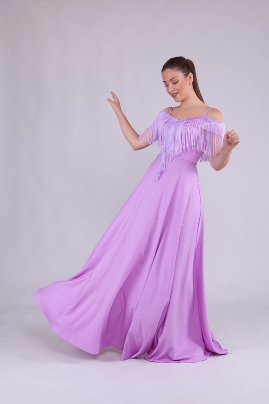 Long Strappy Boat Neck Tassel Detail Evening Dress - Lilac