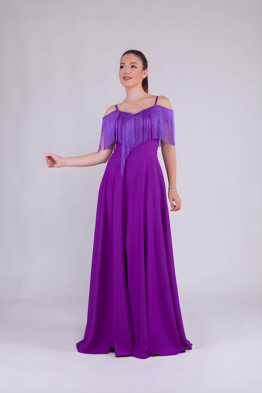 Long Strappy Boat Neck Tassel-Detail Evening Dress - Purple