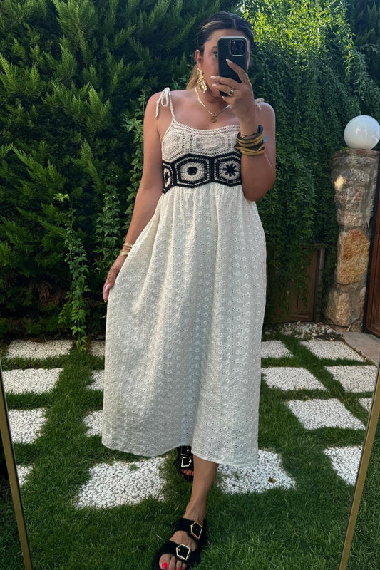 Long Strappy Knit Eyelet Dress with Stone Chest Detail - Black