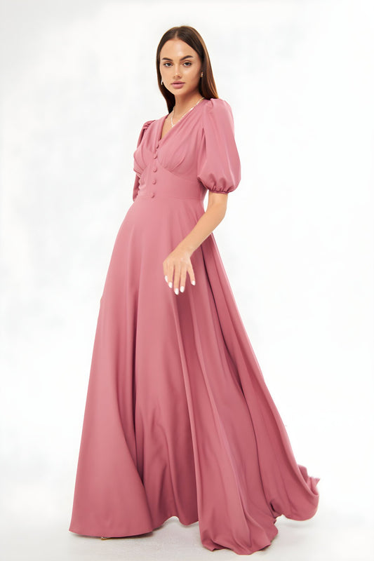 Long V-Neck Balloon Sleeve Belted Evening Dress - Dusty Rose