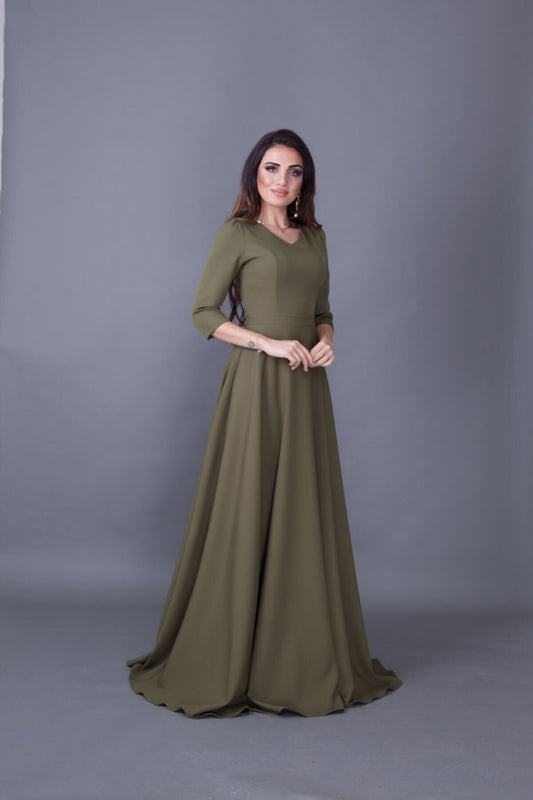 Long V-Neck Evening Dress - Khaki