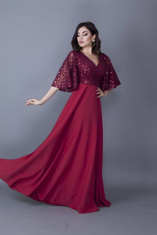 Long Wrap Batwing Sleeve Sequin Detail Evening Dress - Burgundy