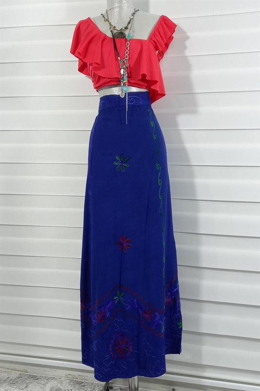 Long Wrap Floral Indian Embroidered Skirt - Blue