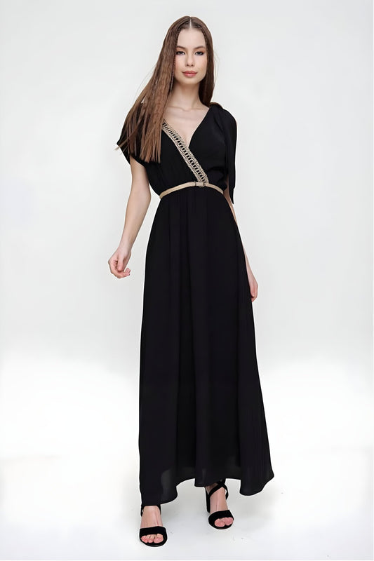 Long Wrap Woven Buckled Shoulder Dress - Black