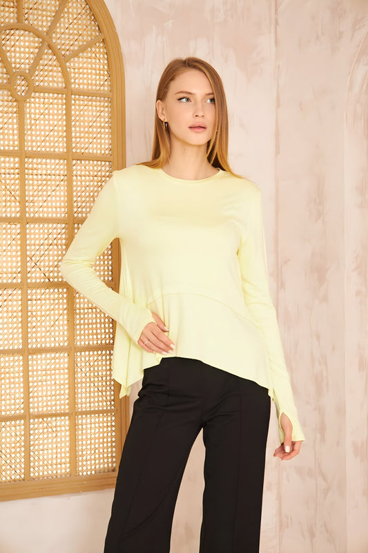 Loose Asymmetric Pleated Finger-Glove Detail Blouse - Pastel Yellow