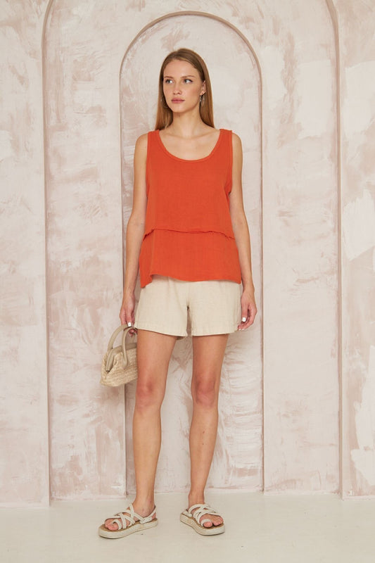 Loose Basic Strappy Muslin Raw Seam Blouse - Orange