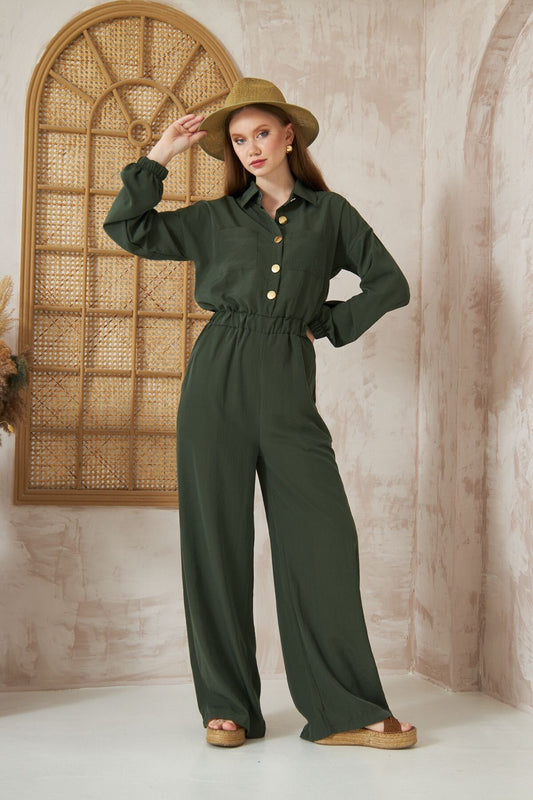 Loose Fit Long Sleeve Elastic-Waisted Pocketed Jumpsuit - Khaki