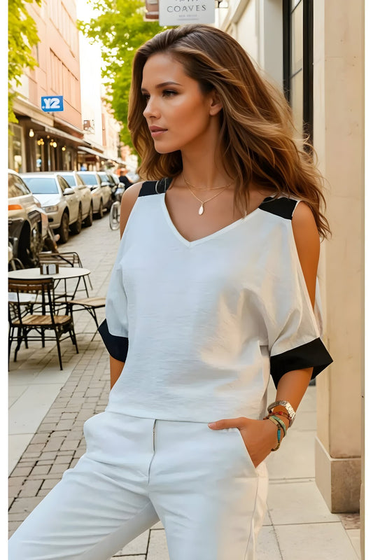 Loose Fit Short Sleeve Linen Blouse - Ecru