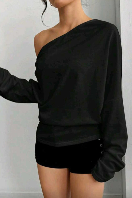 Loose Fit Wide Two-Ply Asymmetrical Boat Neck Sweatshirt - Black