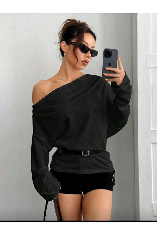 Loose Fit Wide Two-Ply Asymmetrical Boat Neck Sweatshirt - Black