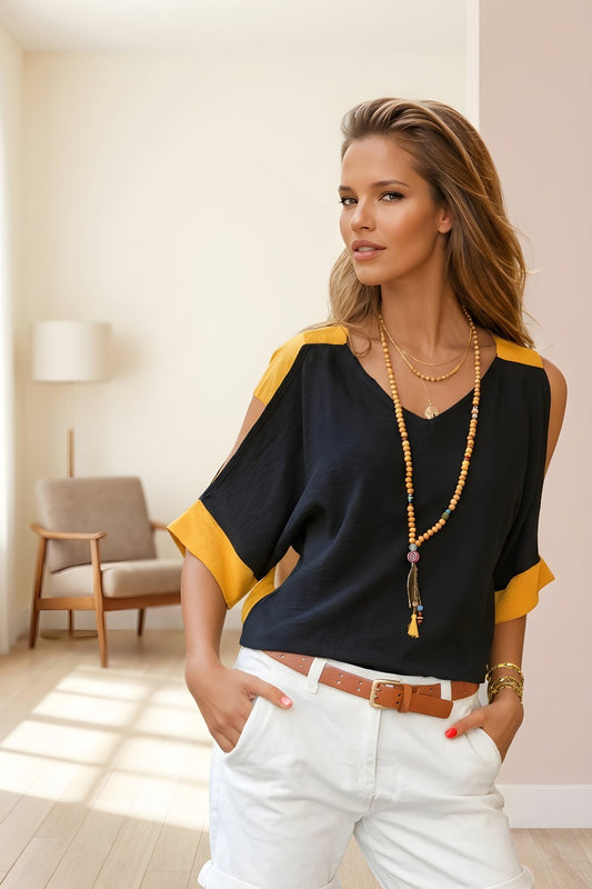 Loose Linen Cold-Shoulder Blouse - Black