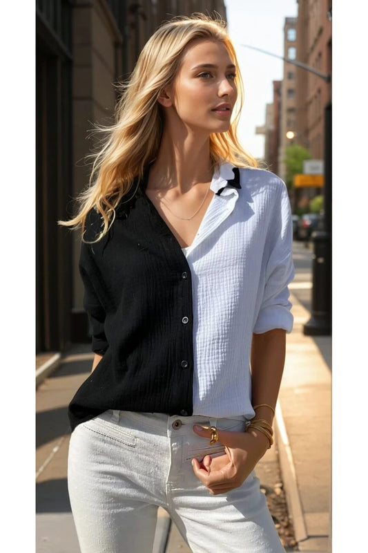 Loose Long-Sleeved Two-Piece Color Block Cotton Muslin Shirt - Black White