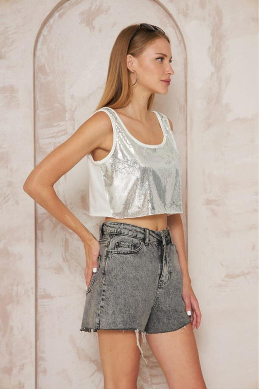 Loose Sequin Thick Strap Crop Top - Ecru White